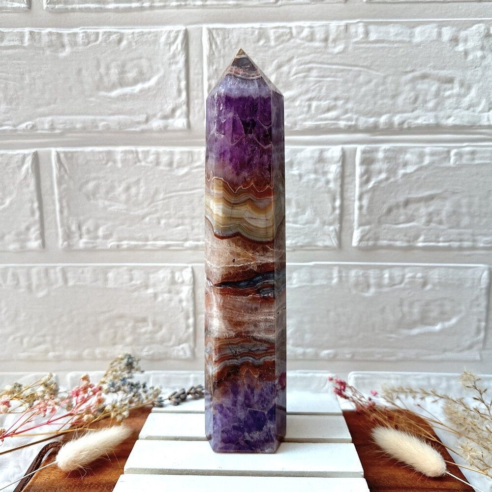Gorgeous Amethyst with Mexican Lace Agate Tower Obelisk